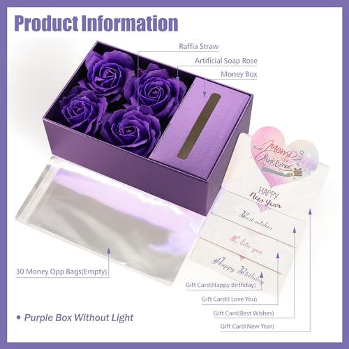 Money Box for Cash Gift Pull, Money Gift Boxes for Cash on Birthday, Christmas, Graduation, Mother's Day, for Husband, Wife, Girlfriend, Mother With Soap Rose Flower and Greeting Cards - Purple - color: Purple