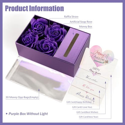 Money Box for Cash Gift Pull, Money Gift Boxes for Cash on Birthday, Christmas, Graduation, Mother's Day, for Husband, Wife, Girlfriend, Mother With Soap Rose Flower and Greeting Cards - Purple - color: Purple