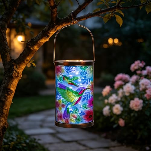 MUMTOP Hummingbird Solar Lantern, Hanging Glass Outdoor Garden Light - color: Turquoise