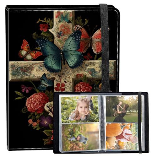 Photo Album 3.5x5 80 Photos Small Capacity PU Leather Cover, Butterfly Cross Mini Photo Album 3.5x5 with Elastic band, Birthday Christmas Photo Albums Wedding Anniversary - color: Butterfly Cross, size: 3.5*5 Holds 80 Photos