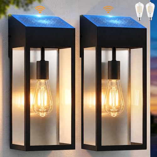 15” Large Solar Sconce Lights Outdoor Included E26 Bulbs 2 Pack | Solar Wall Lights Outdoor, IP65 Waterproof, Modern Black Dusk to Dawn Solar Porch Lights, for Garage Courtyard Patio, 3000K - size: 15 inch