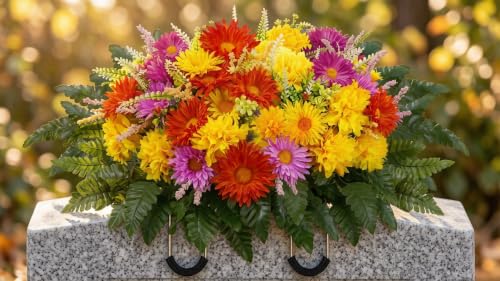Fall Cemetery Flowers for Grave Saddle Flowers for Headstone UV Resistant | Realistic Fall Cemetery Flowers with Mums Autumn Grave flowers for Thanksgiving Gravestone, Tombstone Outdoor Decor - color: Colorful