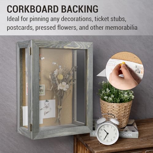 MyGift 11x15 Deep Shadow Box Frame, Display Case Wall Mount for Picture, Heirloom, Home Office Décor, Wedding & Military Memorabilia Display, Solid Wood, Clear Acrylic, Magnetic Lock, Grey | Magnetic Closure, Clear Front Panel, Keepsakes Memorbilia Displa