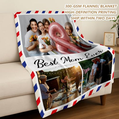 Ships Next Day, Custom Blanket with Photos Text - HD-Printing in USA, Personalized Picture Blanket Customized Flannel Blankets Christmas Birthday Gifts for Mom Dad Couple Kids Girlfriend Boyfriend - color: 3 Photos, size: 60'' x 80''