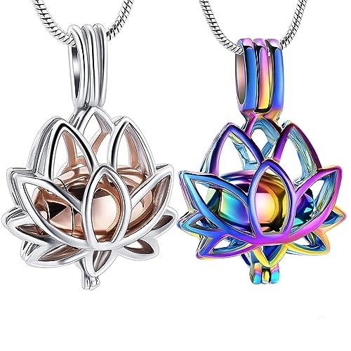 Cremation Jewelry for Ashes Pendant - Lotus Urn Necklace with Mini Keepsake Urn Memorial Ash Jewelry For Women Men - color: 2PCS-Style 1