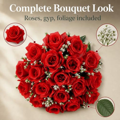 41cm Artificial Silk Red Rose Bush with Gyp & Foliage 24 Flower Heads- Wedding Grave Home Decoration (Red, 1 Bunch) - color: Red