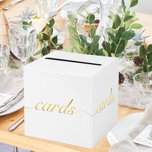 White Card Box Gold Foil Wedding Favors Gift Card Boxes Post Box Receiving Money Box Holder for Wedding Reception, Baby Showers, Anniversary, Birthday Party, Retirement, Graduation Envelope Holder - color: White and Gold