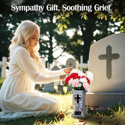 Lewondr Solar Cemetery Vases for Grave, Cross Grave Vases with Spikes | Waterproof Memorial Flower Holder with Solar LED Cross Light,Sympathy Gifts for Loss of Loved One, Gray - color: Gray