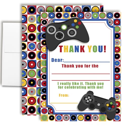 Amanda Creation Video Game Thank You Cards, 10 Pack 4x5.5 Kids Thank You Cards Fill in the Blank with White Envelopes, Game On Gamer Birthday Notes, Made in USA - style: Game On Video Gamer