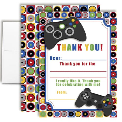 Amanda Creation Video Game Thank You Cards, 10 Pack 4x5.5 Kids Thank You Cards Fill in the Blank with White Envelopes, Game On Gamer Birthday Notes, Made in USA - style: Game On Video Gamer