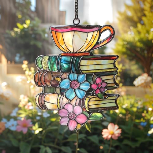 Book Tea Acrylic Suncatcher Size 4 inches, Bookish Stained Glass Effect Window Hanging Ornament, Garden Decor, Gift for Book Lover Reader Bookworm - color: Book-lovers-1, size: 4"