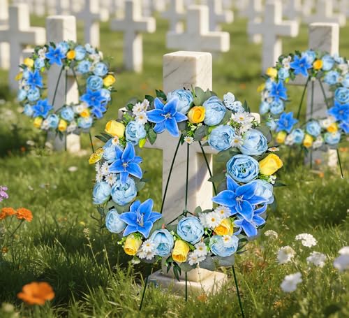 Artificial Cemetery Wreath for Grave, 24" Blue Memorial FWreath with 30" Easeal Stand, Peony Lily Rose Daisy for Gravesites Decoration