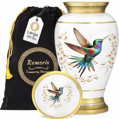 Remoria Cremation Urns for Human Ashes, Large Adult White Hummingbird Urn | Funeral Urn for Female & Male, 185 Cu In, Gift Box and Velvet Bag Included - color: White
