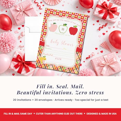 Apple of My Eye Baby Shower Girl Invitations, 20 5x7 Fill In Cards with Twenty White Envelopes by AmandaCreation™ - style: Apple of My Eye Girl
