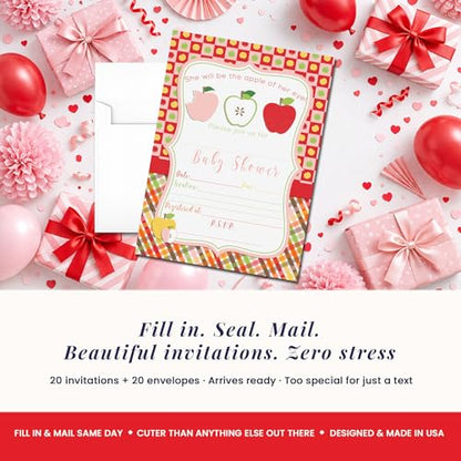Apple of My Eye Baby Shower Girl Invitations, 20 5x7 Fill In Cards with Twenty White Envelopes by AmandaCreation™ - style: Apple of My Eye Girl