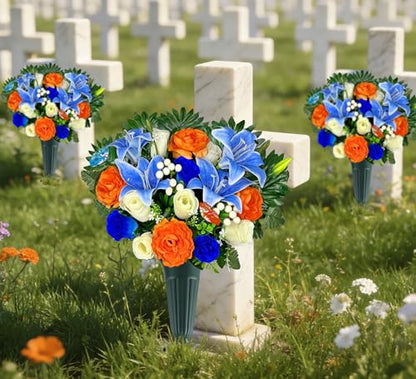 Artificial Cemetery Flowers for Grave Vase - Gravesite Flowers,Headstone Decorations with Blue Lily White Rose Mix Bouquet