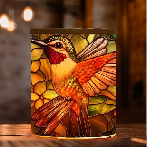 Stained Glass Hummingbird Tealight Candle Holders Memorial Candlesticks with Battery Operated, Colorful Glass Flower Full Wrap Tea Light Candle Jar LED Holder Votive jar for Memorials - color: Hummingbird