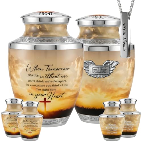 Custom Engraved Plaque Traditional Cremation Urns for Human Ashes Set of 6 for Adult Male & Female Includes 1 Large Funeral Urn with 4 Mini Keepsakes & 1 Necklaceurn - Sunset Cross Text - color: Sunset Cross With Text Set - Plaque