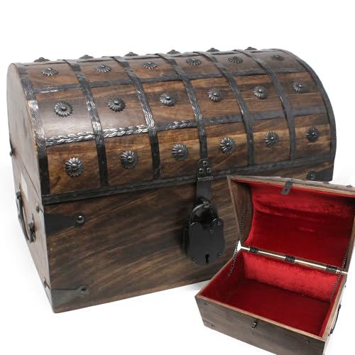 Nautical Cove Wooden Treasure Chest with Padded Velvet Lining and Antique Lock with Skeleton Keys (X-Large 16x11x11) – Pirate Treasure Box, Decorative Box with Hinged Lid, Rustic Lockable Wooden Chest - size: X-Large