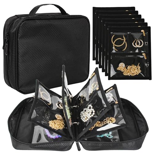 Travel Jewelry Organizer Case,Jewelry Bags Jewelry Storage Book Binder with Clear Zipper Velvet Pouch for Traveling,Earrings, Rings, Necklace, Bracelet - color: Black