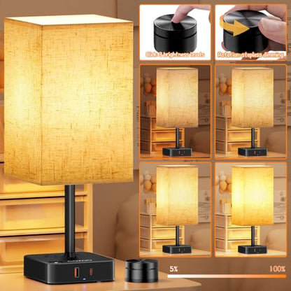 Bedroom Nightstand Lamp with Charger, Touch Table Lamps with Remote Control - color: Flaxen