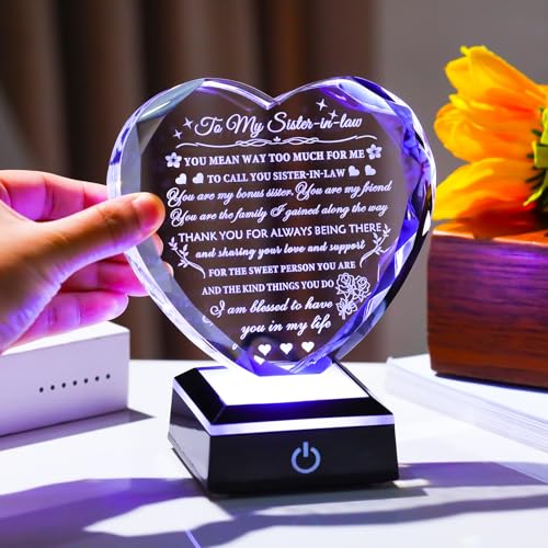 Arikyrist Meaningful Sister in Law Gifts with Colorful LED Base Wedding Birthday Gifts for Sister in Law Heart Crystal Keepsake Gift Ideas for Mother's Day Christmas Thanksgiving - style: Sister in Law Gifts + Light Base