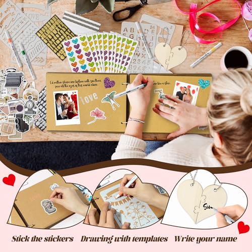 CY2SIDE Couples Photo Album Scrapbook - 111PCS The Story of Us Wooden Scrapbook Craft Kit with Heart Puzzle Brown Paper Sticker and Template for DIY, Romantic Anniversary Dating Gift for Him Her - style: Couple