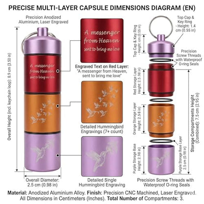 3-Tier Scattering Urn, Stackable Travel Urn TSA Approved, Aluminum Alloy | Hummingbird carving pattern, Thread Sealing, Metal Hanging Loop, for Sharing Ashes, Travel Memorials, and Scattering - color: 3 Layer