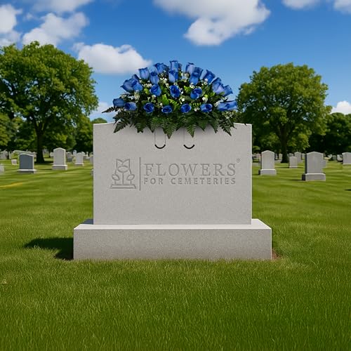 30" Headstone Flower Saddle Artificial Cemetery Flowers - Gravesite Flowers - Blue Roses - color: Blue Roses, size: (1) Saddle