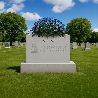 30" Headstone Flower Saddle Artificial Cemetery Flowers - Gravesite Flowers - Blue Roses - color: Blue Roses, size: (1) Saddle
