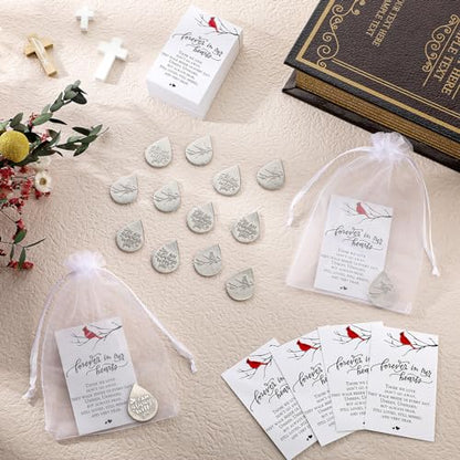 Ctosree 50 Set Funeral Gifts Celebration of Life Decorations Idea Mini Tear Shaped Memorial Ornament Pocket Token Cardinal Funeral Prayer Cards and Organza Bags Favors for Guests