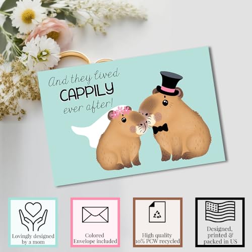 Amanda Creation Capybara Wedding Card, 4x6 Blank Inside with Silver Envelope, Funny Wedding Card for Newlyweds, Cappily Ever After - style: Capybara
