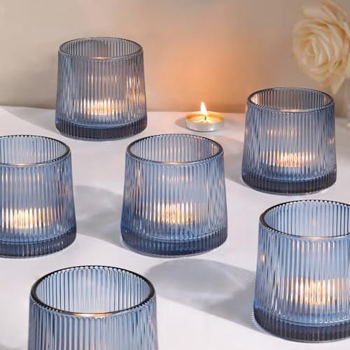 Blue Ribbed Tealight Votive Candle Holders- 6Pack | Glass Candle Holders for Table Centerpiece, Wedding Decor, Home Decor, Party Dinner - color: Blue, size: 6Pcs