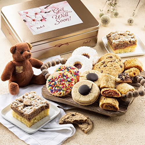 Dulcet Get Well Gift Basket Filled With A Variety of Baked Treats | Care Package Includes Cookies, Crumb Cakes, Rugelah, and Teddy Bear - style: Get Well