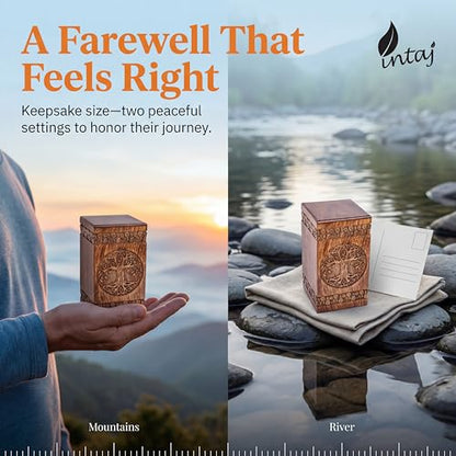 Wooden Cremation Urn for Human Ashes, 20 Cu in, Keepsake, Rosewood | Hand-carved solid sheesham rosewood, screw-locked sliding base, engraving available, holds a small share of ashes, to 20 lb - color: Rosewood, size: Keepsake - 3.50Hx2.00W (6.50 Cu/In)