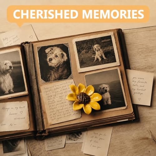 Yellow Glazed Ceramic Sunflowers for Pet Memorial Sympathy, Weatherproof Flowers with Metal Stems for Dog Cat Grave, Garden, Cemetery Decor, Eternal Remembrance Tribute, 8 Pcs, Vase Not Included