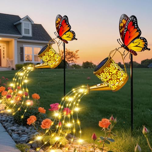 Solar Garden Lights Outdoor Decor, Butterfly Watering Can Lights, 2 Pack | Butterfly Garden Stakes with Cascading Fairy Lights, Waterproof Watering Can Decor for Patio, Porch and Mothers Day Gifts - color: Butterfly, size: 2 PACK