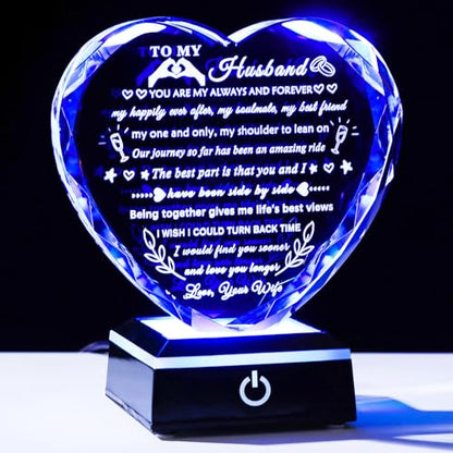 YWHL Gifts for Husband from Wife with Colorful LED Base Anniversary Birthday Gifts for Husband to My Husband Crystal Heart keepsake I Love You Gifts for Him on Valentine Christmas Fathers Day - style: Husband Gifts+ LED Base Style 1