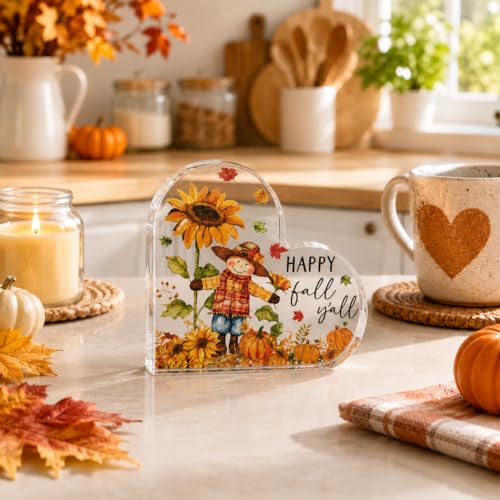 Smile Fall Thanksgiving Acrylic Tabletop Plaque, Happy Fall Y'all Scarecrow Sunflower Pumpkin Maple Leaf Themed Rustic Farmhouse Tiered Tray Sign for Home Kitchen Decor - style: Fall
