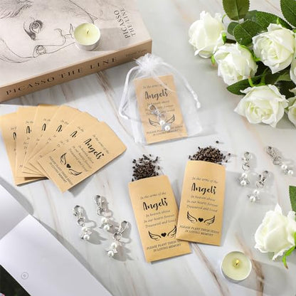 50 Sets Funeral Favors for Guests 50 Celebration of Life Angel Keychain Pearl Keychain 50 Memorial Seed Packets Small Envelopes and Organza Bags Funeral Memorial Party Guests Gifts, No Seed