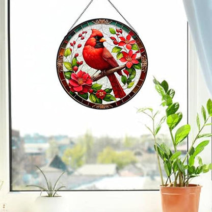RIVEENY Cardinal Suncatcher Stained Glass, Stained Glass Window Hanging, Cardinal Gifts for Women, Red Birds Suncatchers for Windows, Hand Painted Glass for Birds Lover 20cm/7.87inch - color: Cardinal