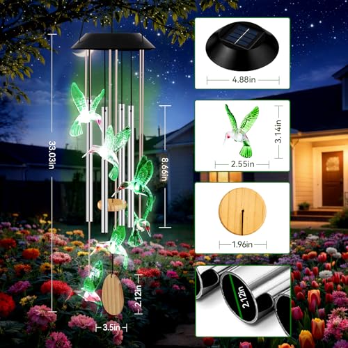 Solar Wind Chimes for Outside Color Changing Light, Green Hummingbird - color: Green Hummingbird