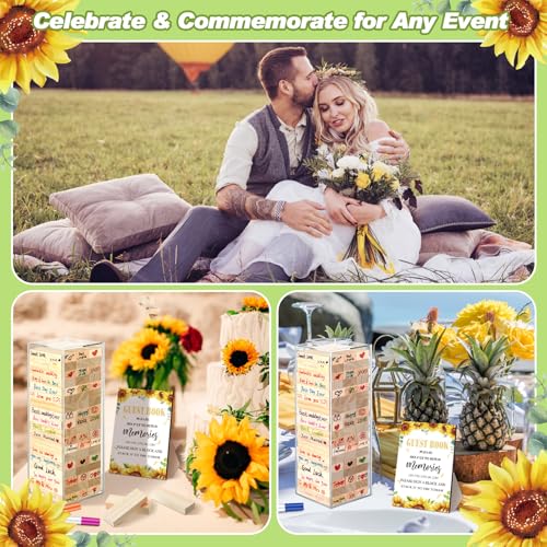 Beeveer 80 Pcs Wedding Guest Book Alternative Wooden Block Guest Book for Wedding Sign in Bridal Shower Decoration 54 Pcs Wooden Block Bridal Shower Game for Sign in, Reception(Sunflowers) - style: Sunflowers