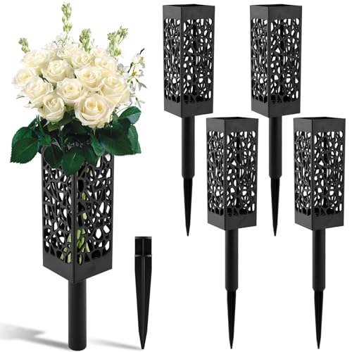 4pcs Cemetery Vases with Stake, Plastic Grave Vases Flower Holder, Outdoor Tombstone Markers Memorials Sympathy for Graveyard Headstone Flower Marker