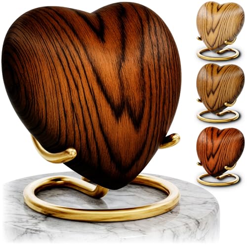 Small Urns for Ashes Keepsake Heart Shape Design, Miniature Small Cremation Urn for Pet or Sharing, Capacity of 3-4 Table Spoons, Male or Female, Choose from 4 Colors, Metal with Wood Finish Cherry - color: Cherry