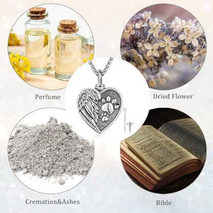 MEDWISE Wing/Paw Prints Urn Necklace for Ashes 925 Sterling Silver Necklace Guardian Angel Ashes Keepsake Memorial Urn Pendant Pet Cremation Jewelry for Ashes Memorial Jewelry for Dog Cat Pet Men - style: A-Guardian Angel
