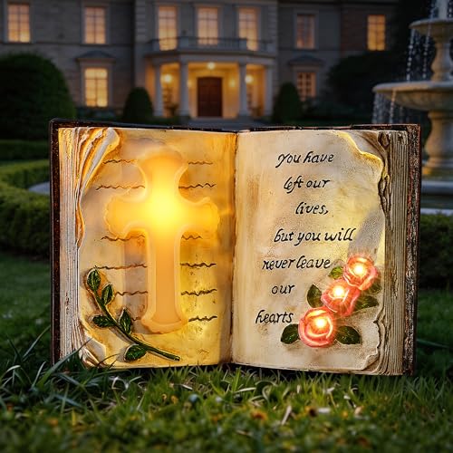 Solar Bible Cross Garden Statue Light, Memorial Grave Decor for Cemetery | IP65 Waterproof Resin Cross Flower with Stakes, Remembrance for Loss of Loved One, Outdoor Yard Patio Lawn Decoration