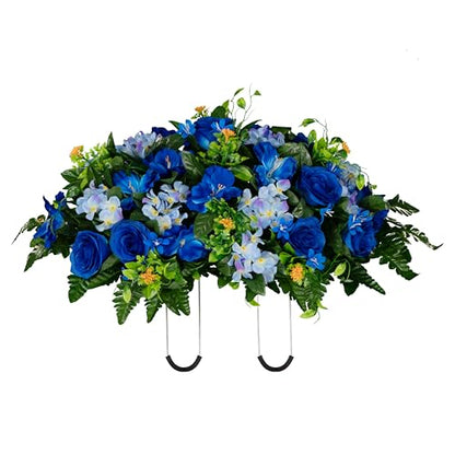 Sympathy Silks 30" Headstone Flower Saddle Artificial Cemetery Flowers - Gravesite Flowers - Blue Roses and Hydrangeas - size: Saddle
