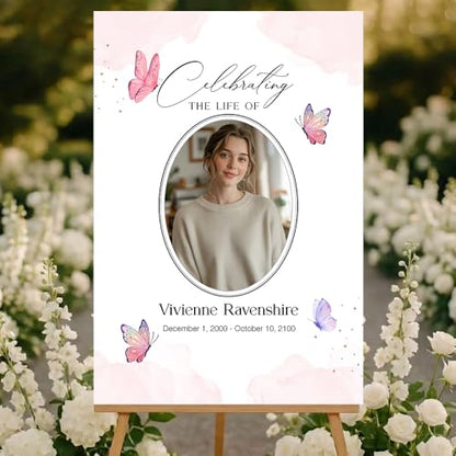 Personalized Celebration of Life Welcome Sign with Photo, Obituary Welcome Sign with Name and Date, Celebrating a Beautiful Life Butterfly Flower Tribute, Butterfly Flower Remembrance Decor, Custom Funeral Welcome Sign (Edition 4) - color: Edition 4