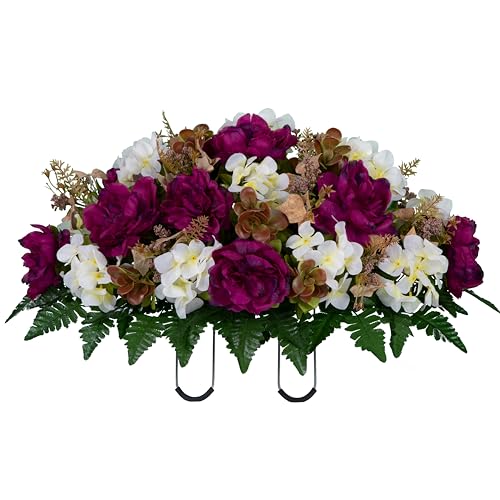 Artificial Cemetery Flowers - Grave Decoration - Fall Arrangement - 30" Long Plum Peony and White Hydrangea Saddle for Loved One's Headstone - size: Saddle